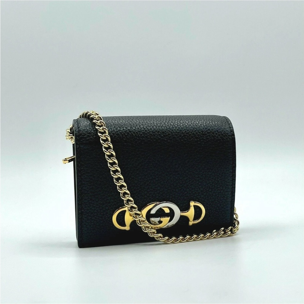 Authentic New Gucci Zuni Black Leather Gold Chain Bi- Fold  Mini Wallet GG Logo